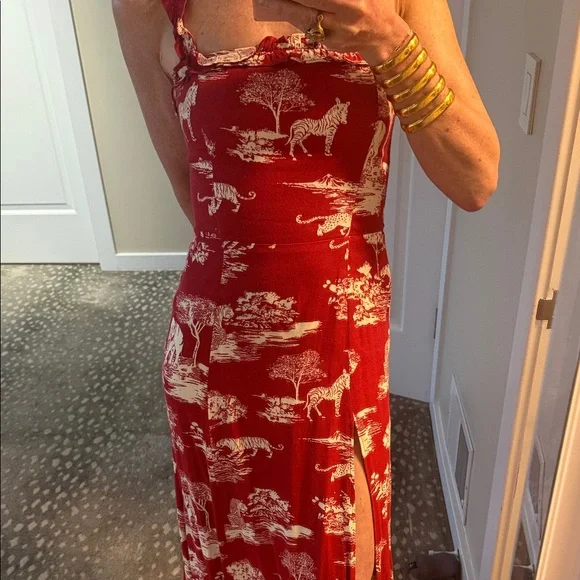 Reformation Red Toile Midi Dress with Safari Cream Print Sz 4 - Picture 4 of 13